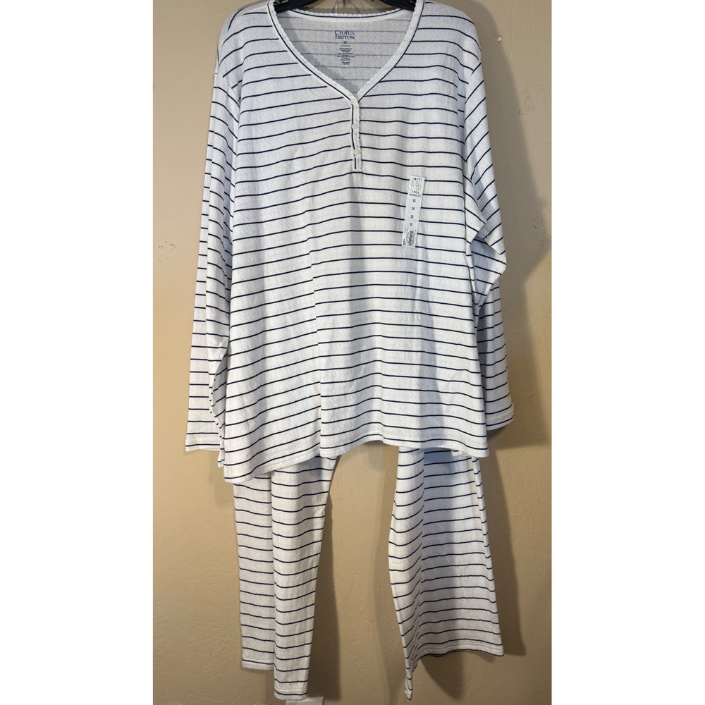 Croft & Barrow Pajama Set Women 3X White Navy Striped Henley Long Sleeve 2pc NEW